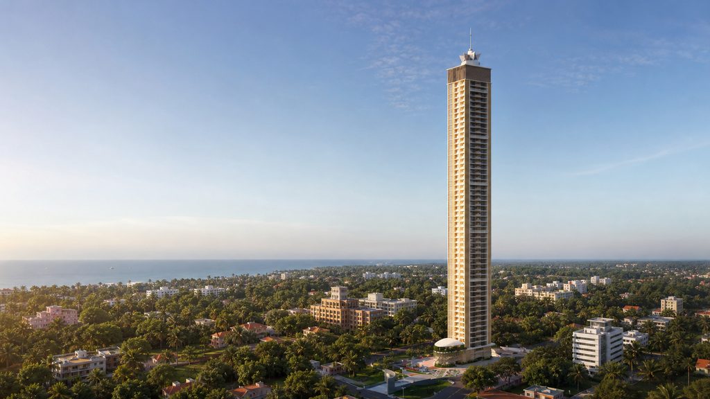 Bhandary Vertica villament tower rising above Kadri Kambala, Mangalore with the sea horizon in the distance